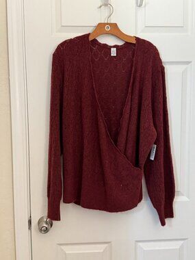 NWT Old Navy Burgundy Pointelle Knit Wool-Blend Wrap-Front Sweater Women's XL